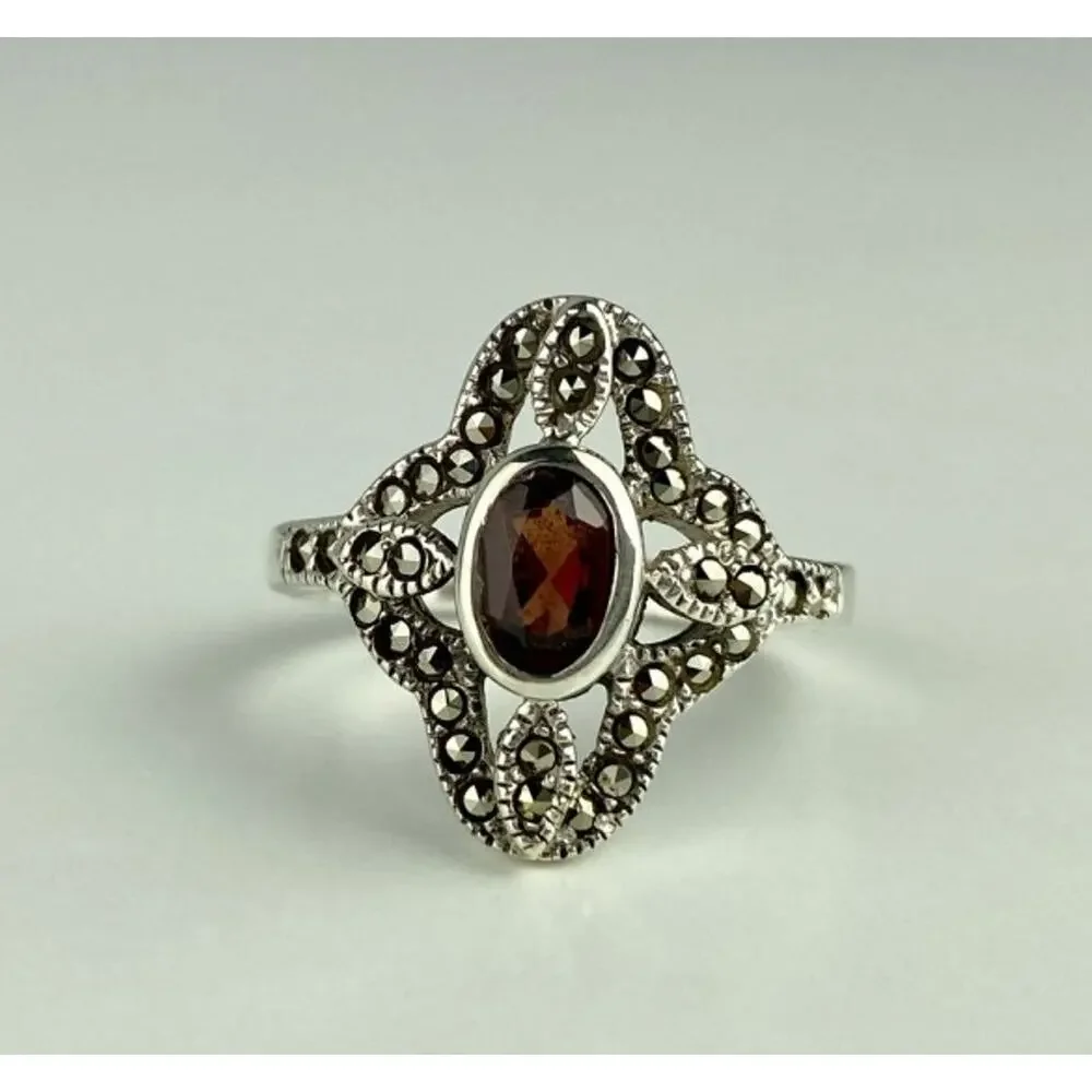 925 Sterling Silver Almandine & Marcasites Ring Size 7